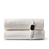Folded white electric blanket with attached digital control