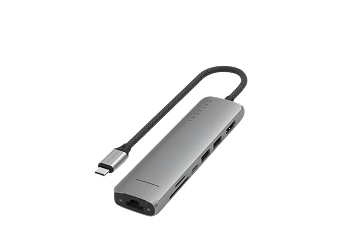 Slim grey USB-C multiport hub with multiple ports and a short connecting cable.