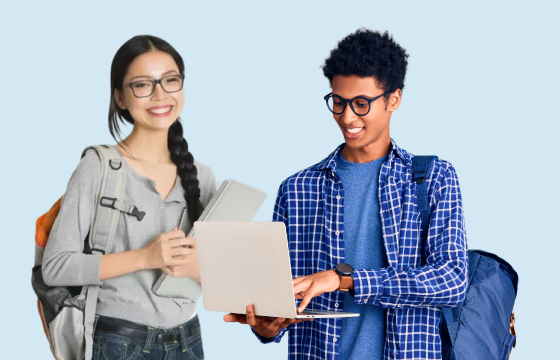 Two university or TAFE students with backpacks smiling, one holding a tablet and the other using a laptop, standing against a light blue background.