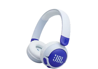 White and blue JBL on-ear wireless headphones with cushioned ear cups and adjustable headband.