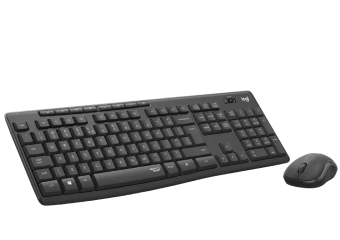 Black wireless keyboard and mouse set arranged side by side.