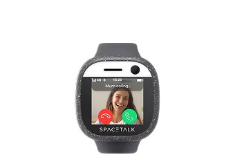 Spacetalk kids’ smartwatch showing an incoming video call on its screen, with a black strap and rounded square face.