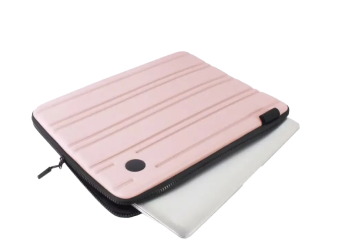 Pink hard-shell laptop sleeve partially unzipped with a laptop sliding out.