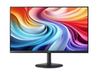 Acer computer monitor with a slim bezel design displaying a colourful swirling abstract pattern.