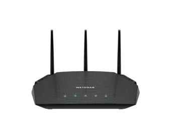 Black NETGEAR Wi-Fi router with three antennas and LED indicator lights on the front.