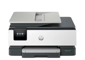 HP multifunction printer with touchscreen display, document feeder, and a compact white and grey design.