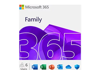 Microsoft 365 Family subscription packaging showing app icons for Word, Excel, PowerPoint, Outlook, OneDrive, and Defender.