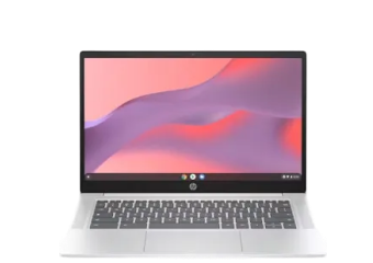 HP Chromebook laptop with a slim design, shown open with a pink and red gradient wallpaper on screen.
