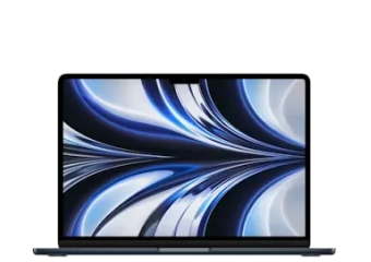 Apple MacBook laptop with a thin-bezel display showing a blue flowing abstract wallpaper.