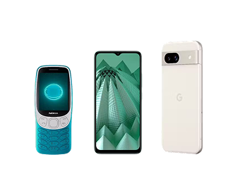 Three mobile phones displayed side by side: a teal Nokia keypad phone, a modern Android smartphone, and a white Google Pixel.