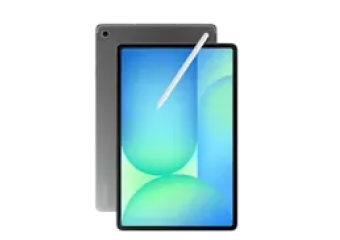 Samsung tablet with stylus resting on the screen, shown in both front and back views with a blue and green gradient display.