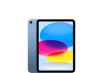 Blue iPad with colourful abstract circles displayed on the screen, shown with the back and front view.