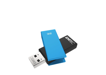 Two Emtec USB flash drives, one blue and one black, stacked together with the USB connector exposed on the blue drive.