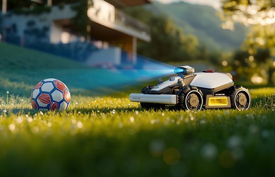 Mammotion LUBA robotic lawn mower detecting and navigating around a soccer ball