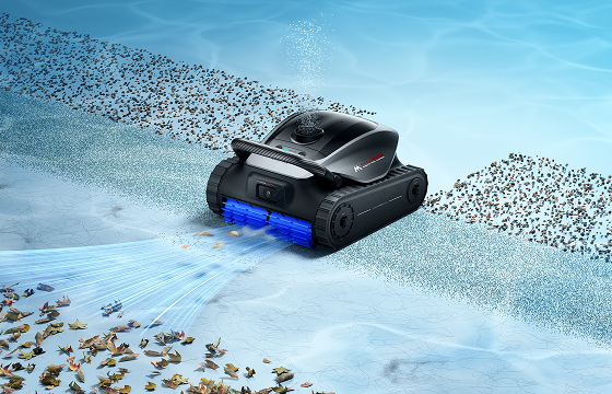 Robotic pool cleaner collecting leaves and debris from the floor of a swimming pool