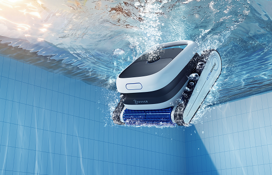 Aiper robotic pool cleaner scrubbing the wall and waterline of an inground swimming pool