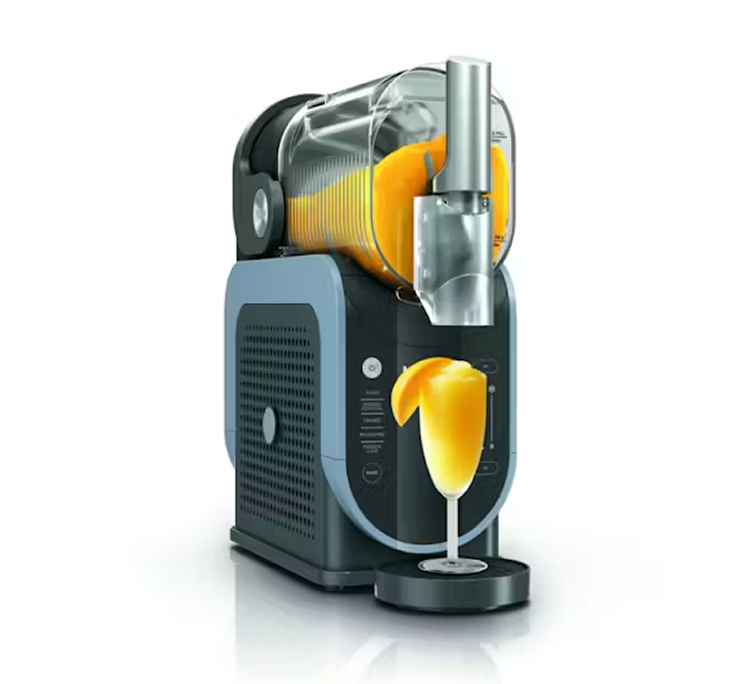 Ninja SLUSHi Professional Frozen Drink Maker dispensing an orange frozen drink into a tall glass.