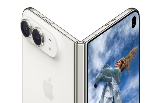 Apple iPhone Duo open in Split View with Messages and Photos displayed side by side on the foldable inner screen  