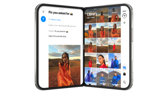 White Apple iPhone Duo partially unfolded to show its dual rear cameras and foldable inner display 